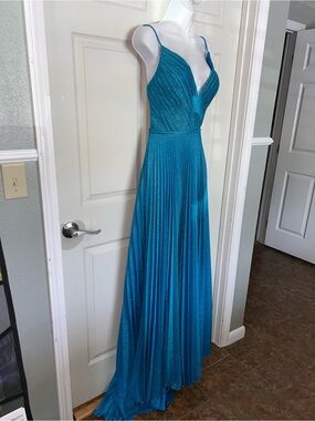 Angela & Alison Shimmering Teal Pleated Maxi Dress